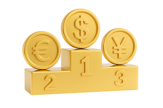 Golden currency podium with dollar euro and yen symbols isolated on transparent background