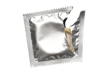 Open silver condom packet revealing latex protection isolated on transparent background