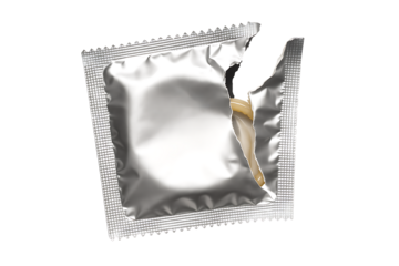 Open silver condom packet revealing latex protection isolated on transparent background