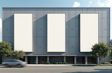 Obraz premium Modern gray building on street corner with two white columns on facade. Green plants surrounds building including trees, bushes. Gray, white color scheme. Building situated on sidewalk with car