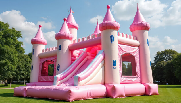 Large pink castle bounce house stands on grassy field, slide on side invites playful exploration. Castle has blue banner, trees in background form serene backdrop.
