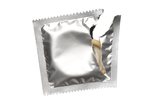 Open silver condom packet revealing latex protection isolated on transparent background