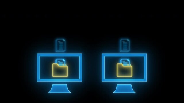 Overlay motion graphic of of secure document transfer between computers icons on transparent background. Ideal for workflow automation, file sharing, cloud sync, and business communication systems.