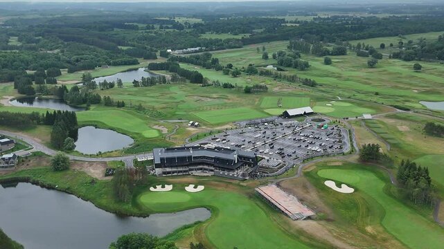 Aerial: TPC Toronto at Osprey Valley Golf Course during the day in Alton, Caledon, Ontario, Canada, orbit drone shot