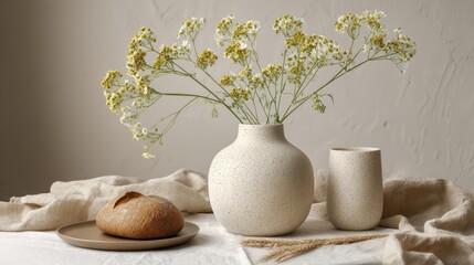 Still life of a vase with flowers and bread