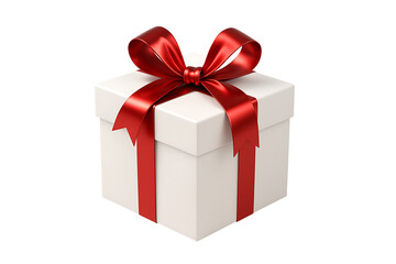 White gift box with shiny red ribbon bow isolated on transparent background