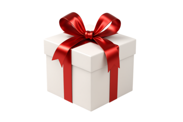 White gift box with shiny red ribbon bow isolated on transparent background