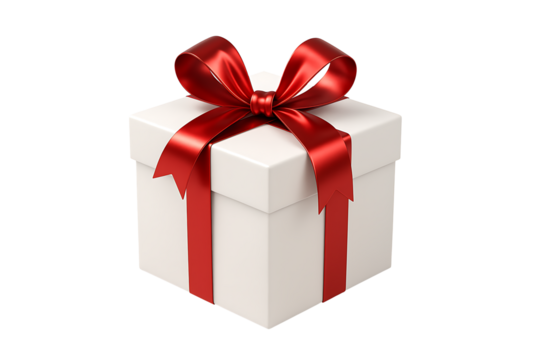 White gift box with shiny red ribbon bow isolated on transparent background - Powered by Adobe