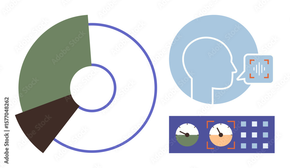 Poster pie chart and metrics, human profile with voice recognition, gauge controls, data elements. ideal fo