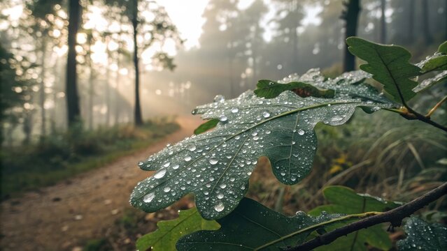 Close up of green oak leaf covered in water droplets with blurred forest background and path on a foggy morning