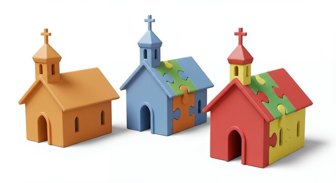 Colorful model churches representing unity or disunity