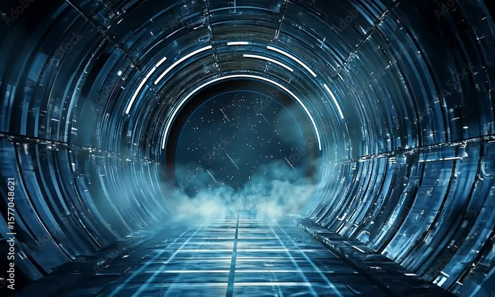 Poster a dark, futuristic tunnel with blue neon lights and a misty atmosphere, creating an immersive sci-fi