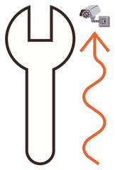 Security camera above bold wrench shape with orange curved arrow, symbolizing surveillance, maintenance, system repair, technical support, operations, technology enhancement, and safety in a simple