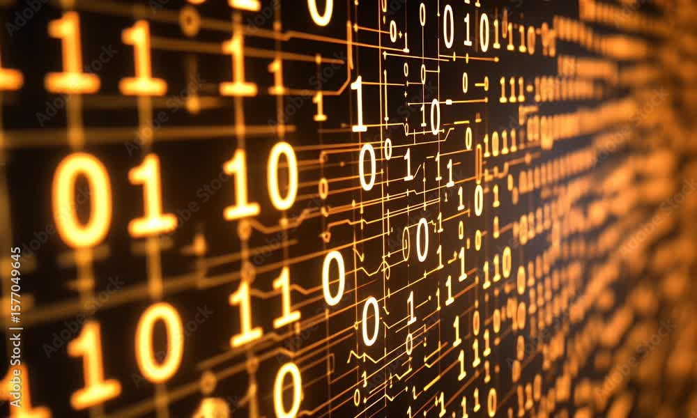 Poster Abstract background with a digital circuit board and binary code. High-tech technology concept. Digital rendering of computer chips, data transfer, 