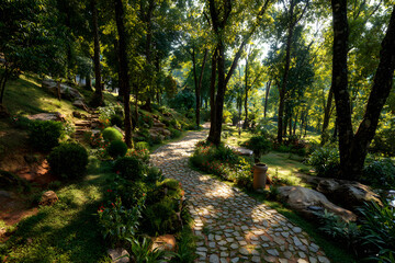 Fototapeta premium Sun-Flecked Stone Paths in a Tranquil Verdant Glade: An Idyllic Escape into Nature's Wonder