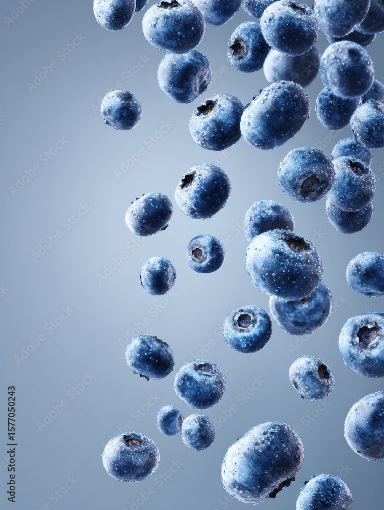 Poster blueberries cascading through the air captured in a freeze motion effect against a soft gradient bac