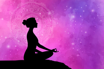 Silhouette of a meditating woman with mandala, spiritual and peaceful concept
