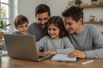 A happy family with parents who help their children learn through technology.