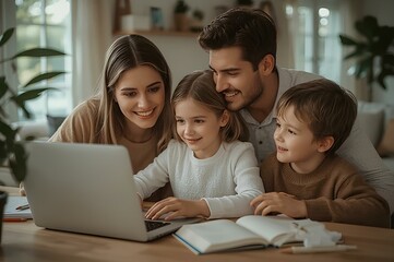 Obraz premium A happy family with parents who help their children learn through technology.