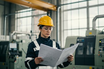 Female Engineer with Blueprint Inside Modern Industrial Factory