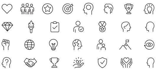 Core Values Line Icons – Unique Minimal Icons for Integrity, Leadership, Teamwork, Innovation, and Growth in Business