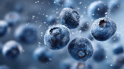 Blueberries Falling Through the Air Create a Vibrant Display With Freeze Motion Effect Highlighting Their Freshness and Texture