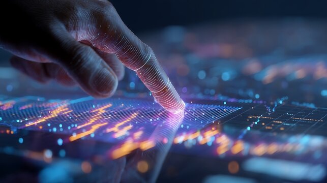 a real human hand swiping glowing crypto market graphs on a transparent digital screen, futuristic fintech, photorealistic digital art 