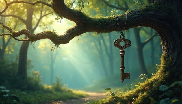 Vintage key hangs from gnarled tree branch in sunlit forest. Enchanted atmosphere, mystery, adventure await discovery in magical woodland. Mysterious, intricate, ornate, key suspended, inviting - Powered by Adobe
