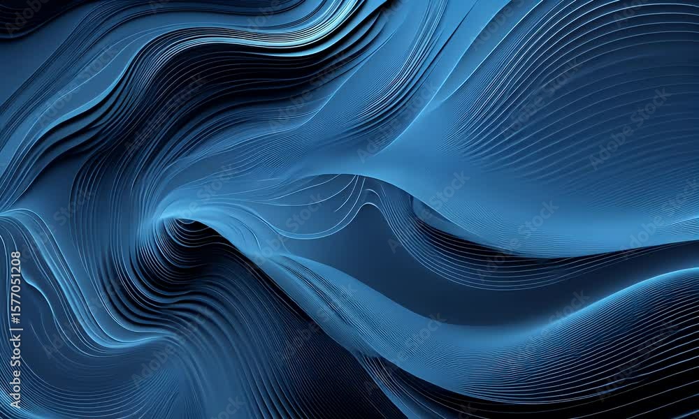 Poster abstract blue waves in the dark, with smooth curves and fluid shapes creating an elegant composition