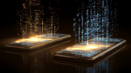 digital art of digital money transfer between two smartphones, glowing data streams and binary codes, modern fintech concept 
