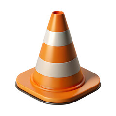 Bright orange traffic cone with reflective white stripes isolated on transparent background for easy compositing