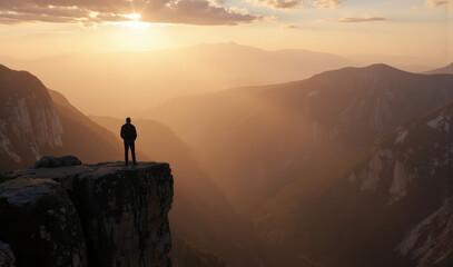 A person standing on top of a mountain at sunset.