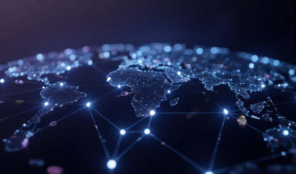 A close up of a world map with dots and lines.