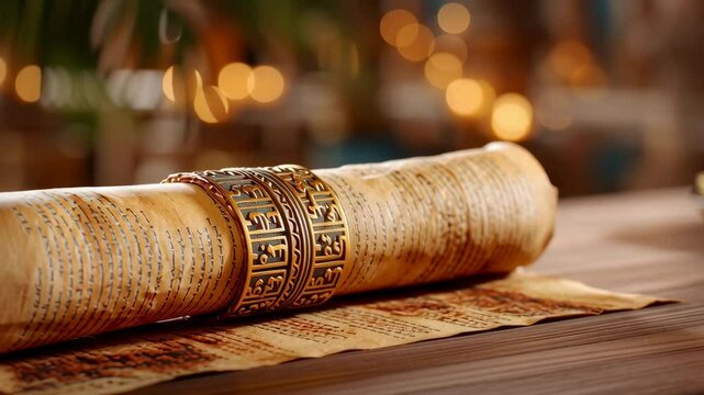 Intriguing close-up of an ancient scroll, featuring ornate details and historical significance.