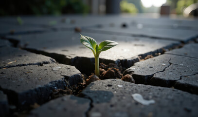 A small plant growing out of a crack in the ground.
