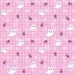 Obraz premium Cute pastel Halloween seamless pattern with ghosts, skulls, and cats on pink checkered background. Perfect for kids, kawaii lovers, and festive designs.