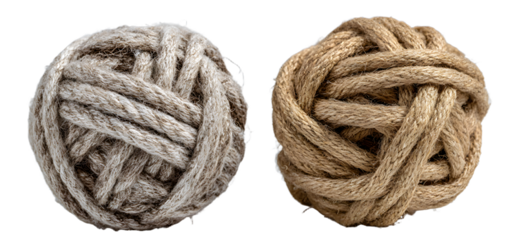 Tangled, untangled concept with two rope balls on white background. Simple start turns complex, confusing. One part organized, another messy. Difficult choice between simplicity and chaos.