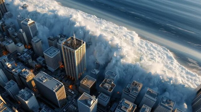 A massive tsunami wave crashes over a city, creating a scene of incredible destruction.