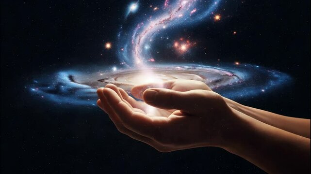 Hands Supporting a Bright Galaxy with Swirling Stars and Cosmic Light in a Digital Space Scene