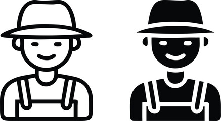 Farmer Icon Vector, Agriculture Worker Outline and Solid Hat Symbol