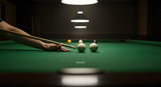 A player's hand carefully aims a pool cue at white billiard balls on a green felt table, preparing for a shot in a dimly lit room.
