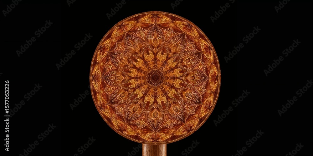 Aufkleber close up shot of a golden mandala design with intricate patterns on a black background showing detai
