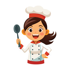 Happy cartoon chef woman holding a spoon ready to cook delicious food
