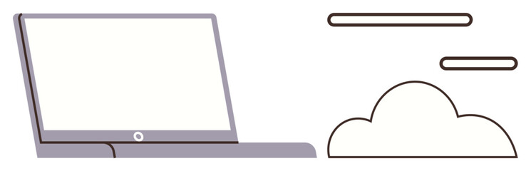 Obraz premium Minimalist laptop alongside abstract cloud and lines emphasizing connectivity, cloud storage, remote work, and digital evolution. Ideal for cloud computing, work, storage, communication, innovation