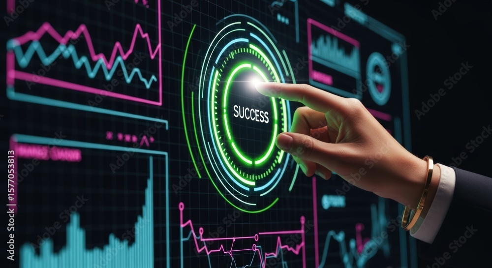 Aufkleber a finger touches a glowing 'success' button on a high-tech display with financial charts and data vi