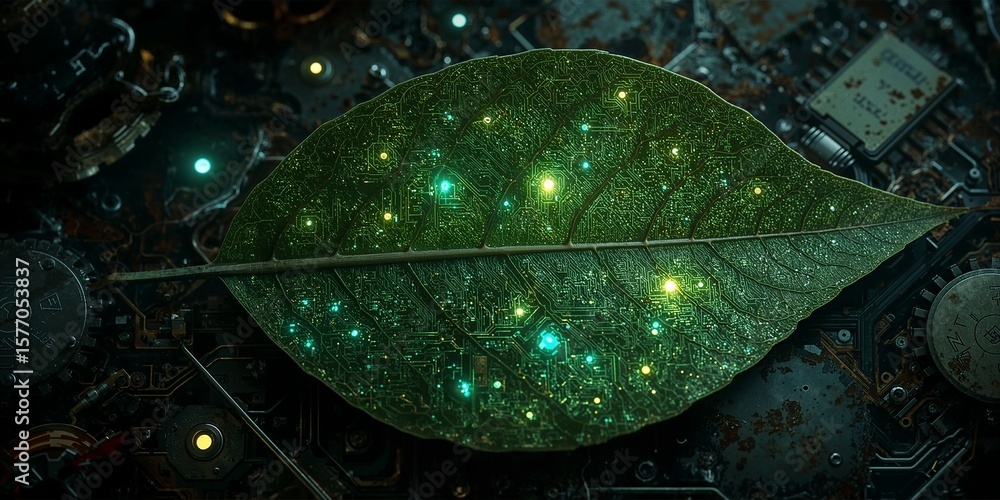 Poster a green leaf with circuit board patterns lying on a dark metallic surface with gears and lights