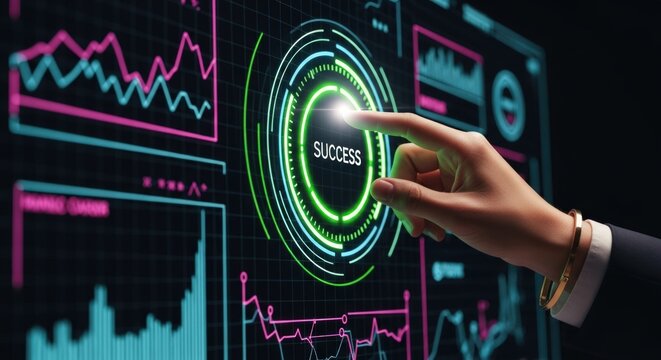 A finger touches a glowing 'Success' button on a high-tech display with financial charts and data visualizations, conveying advancement, prosperity, and progress.