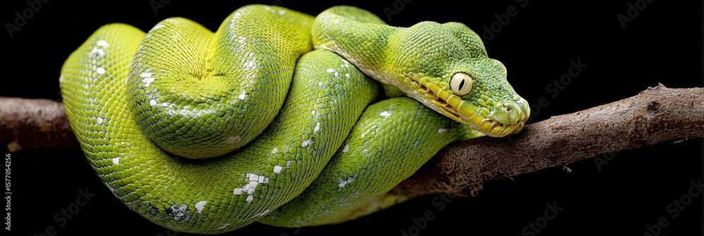 Poster bright green tree python gracefully coiled on branch against a black background creating a striking 