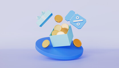 Gift and bonus or special promotion with open gift box on podium, Coins and coupon with percent sign