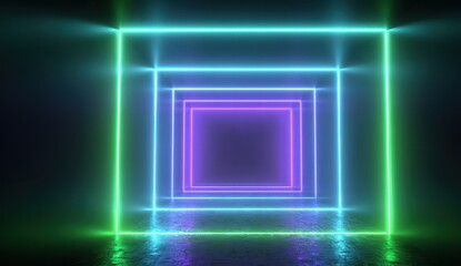 Vibrant photo of 3D render, abstract neon background with glowing square lines in blue, green, and purple colors, empty virtual space.
